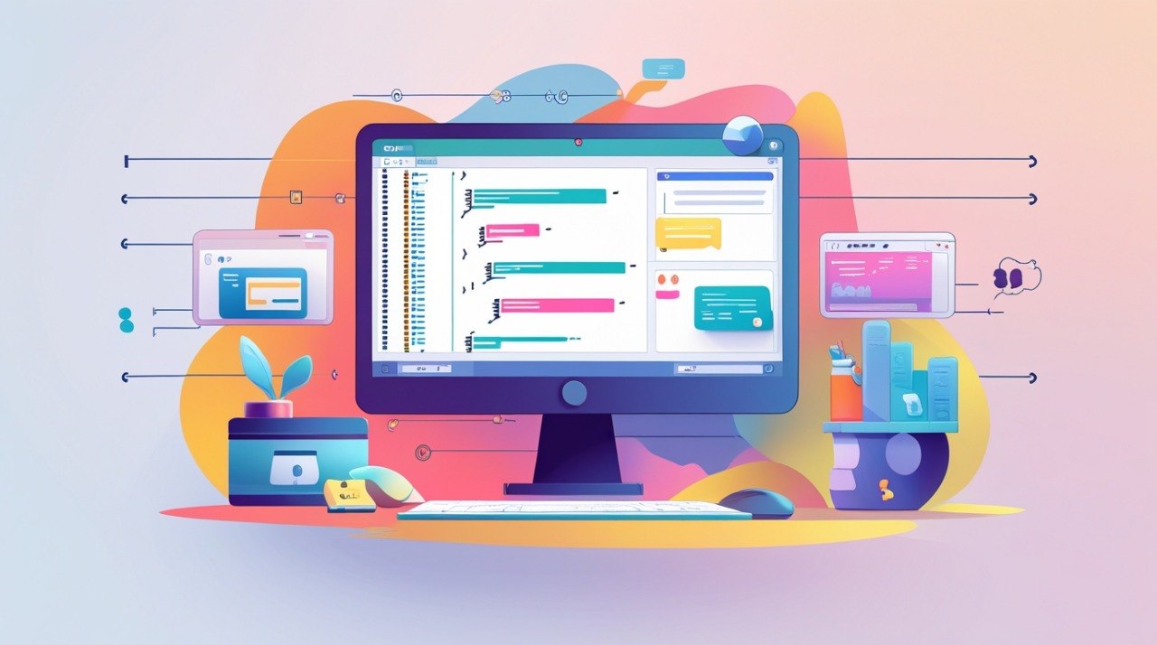 Colorful illustration of a computer monitor with a software interface on a gradient background