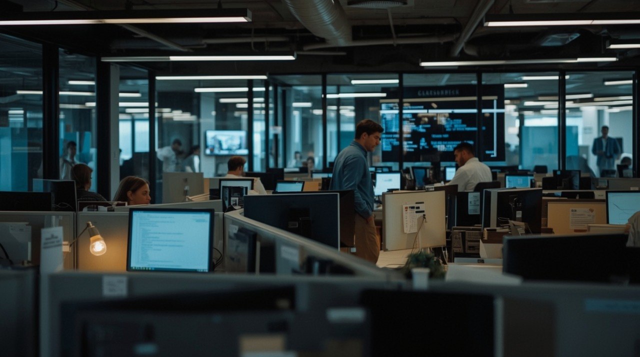 Dark office with people working at desks with computers