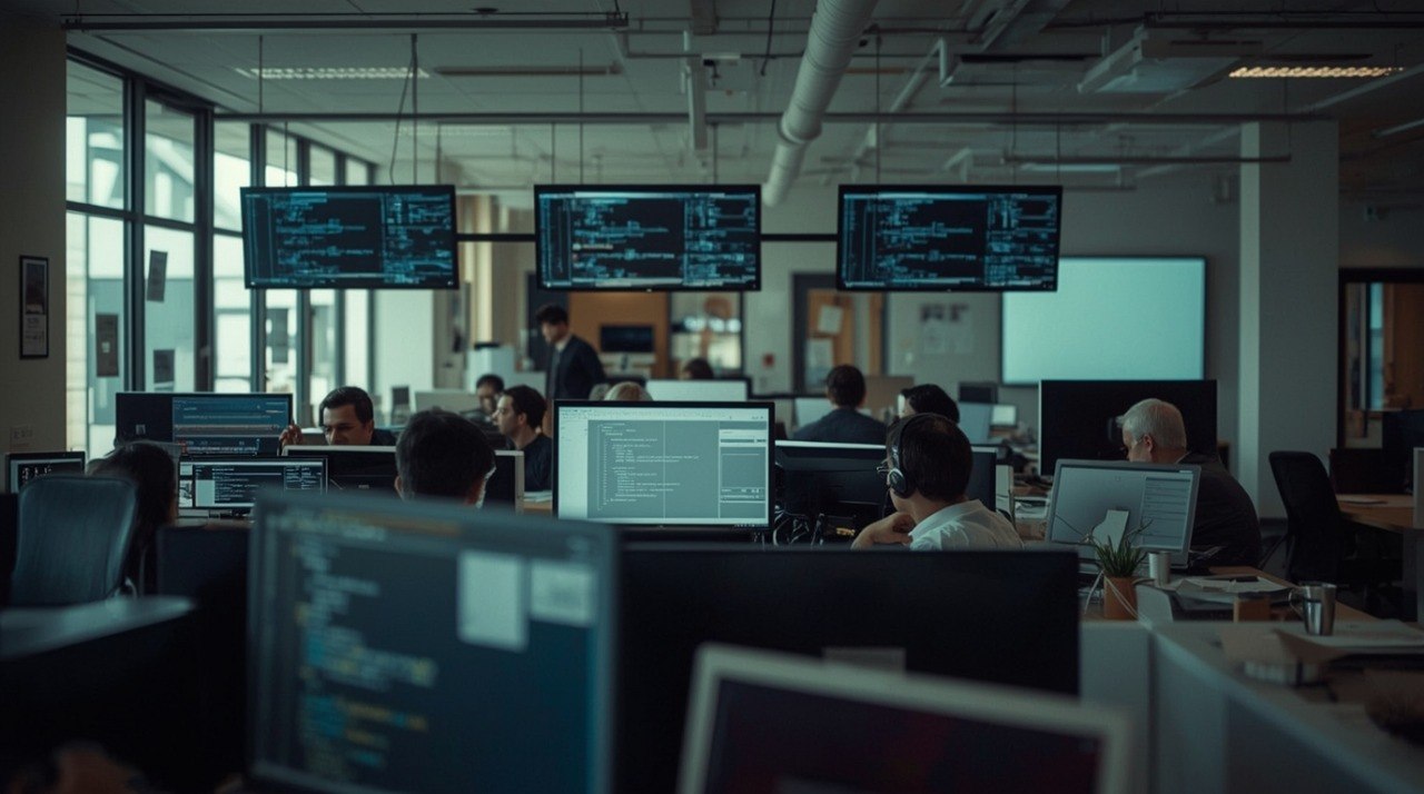Control room with multiple monitors and people working in a darkened office setting