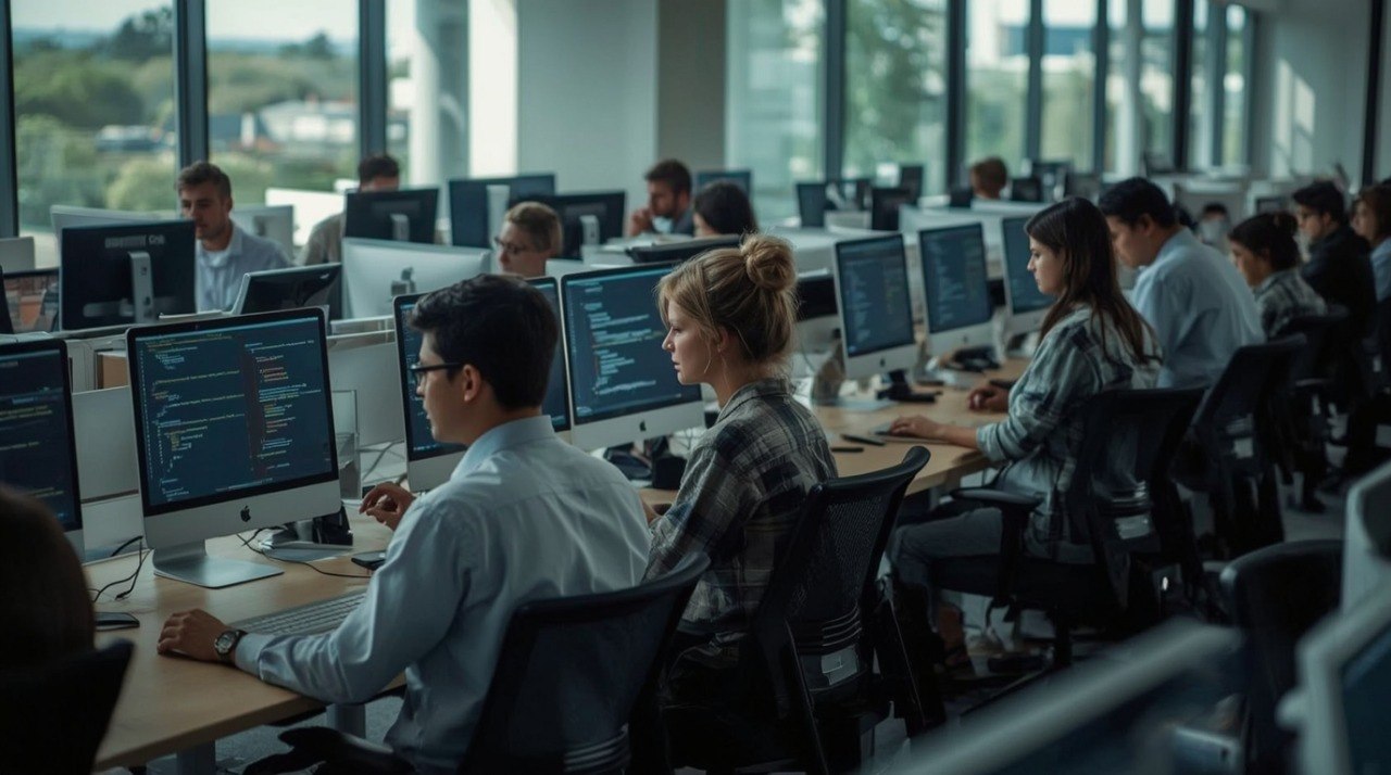 People working at computers in a large office with large windows.
