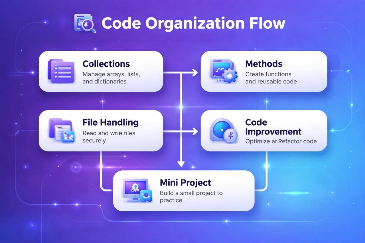 Diagram of code organization flow with icons and text on a blue background