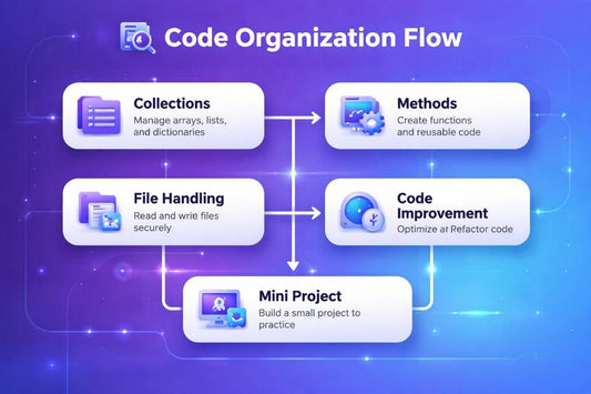 Diagram of code organization flow with icons and text on a blue background