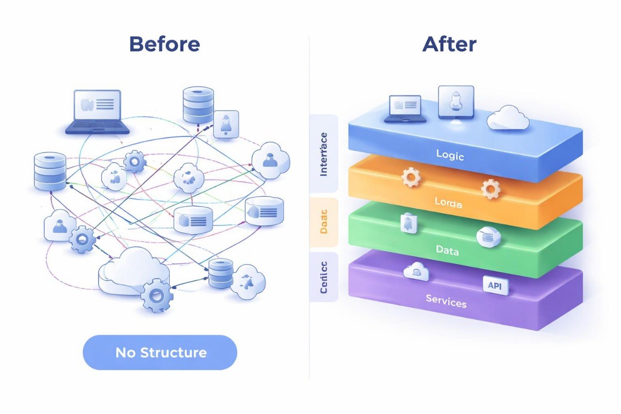 Comparison of network structure 'Before' and 'After' with a layered architecture.