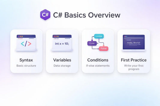 C# Basics Overview with icons and text on a light gradient background