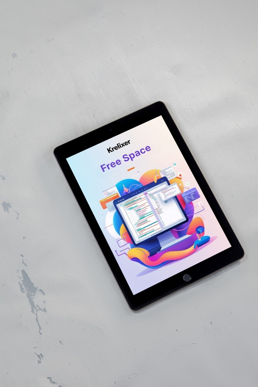 Tablet displaying a colorful app interface on a light gray surface