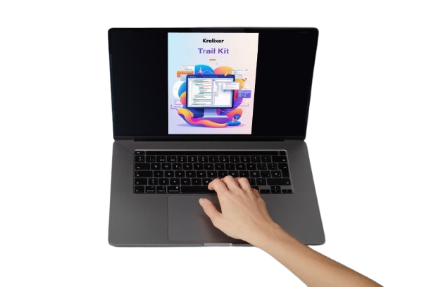 Laptop with a colorful screen displaying 'Krelicer Trail Kit' on a white background