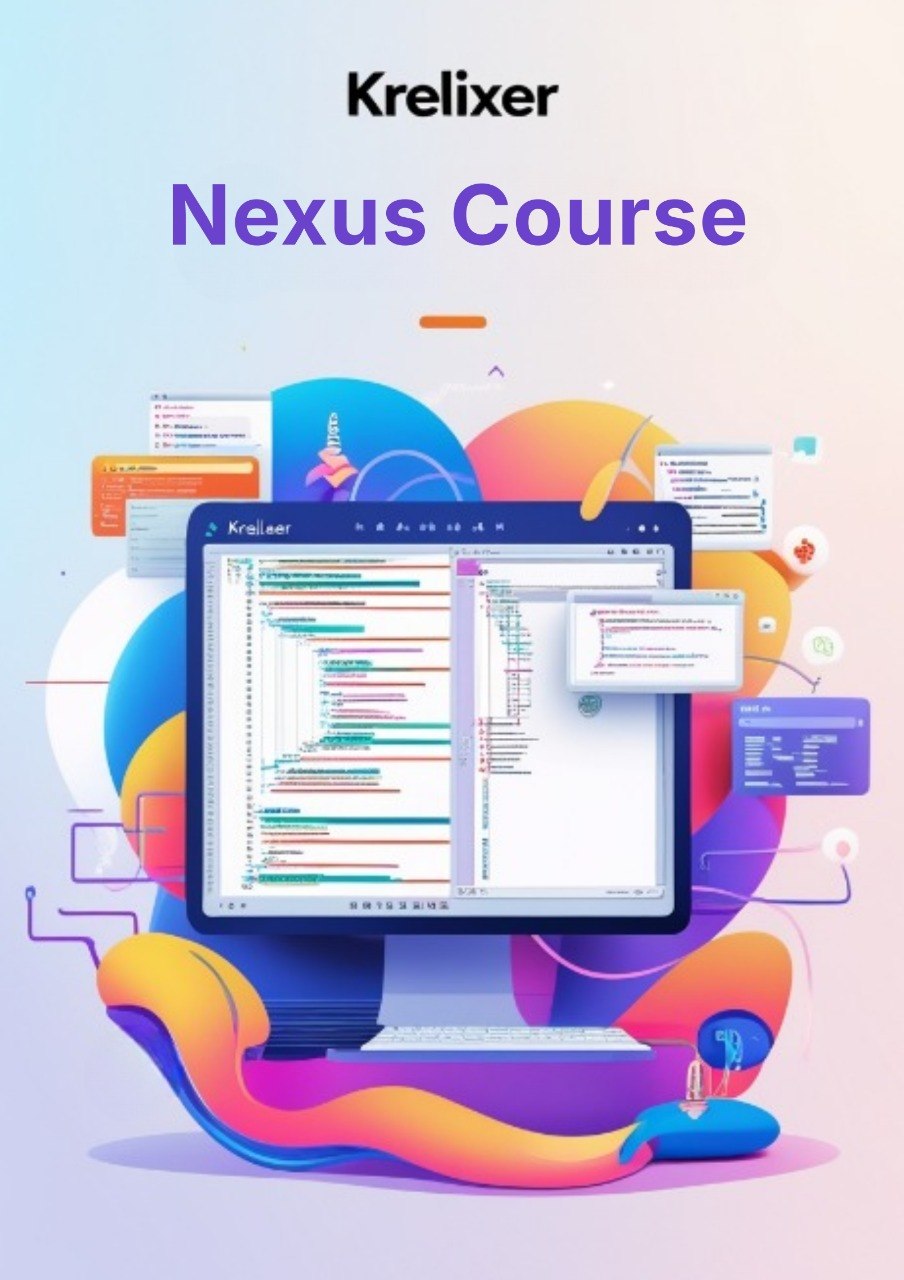 Promotional graphic for Krelixer Nexus Course with a computer screen and colorful design elements.
