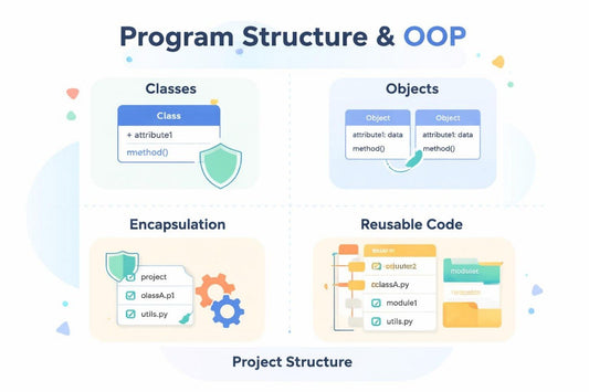 Diagram of program structure and OOP concepts with icons and text on a light background.