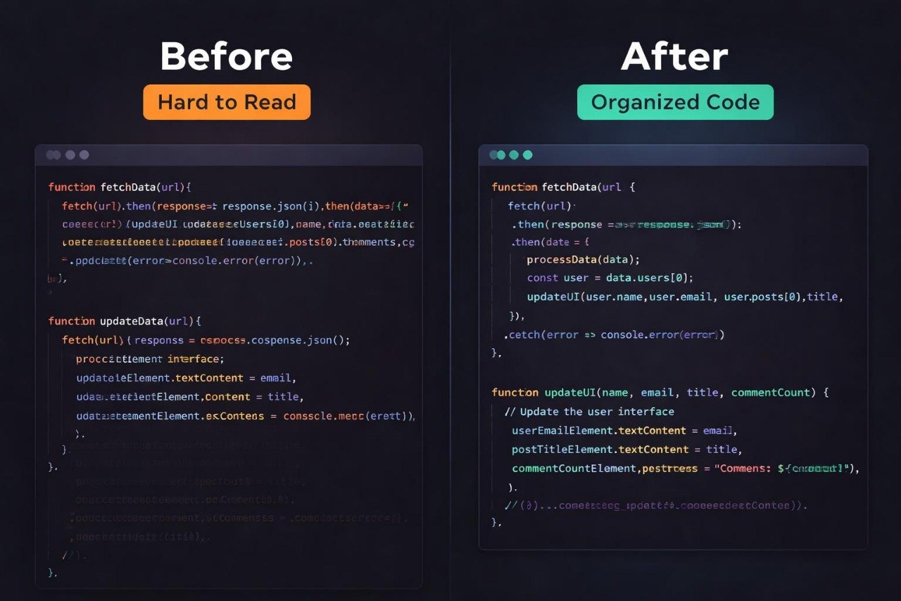 Comparison of messy and organized code on a dark background