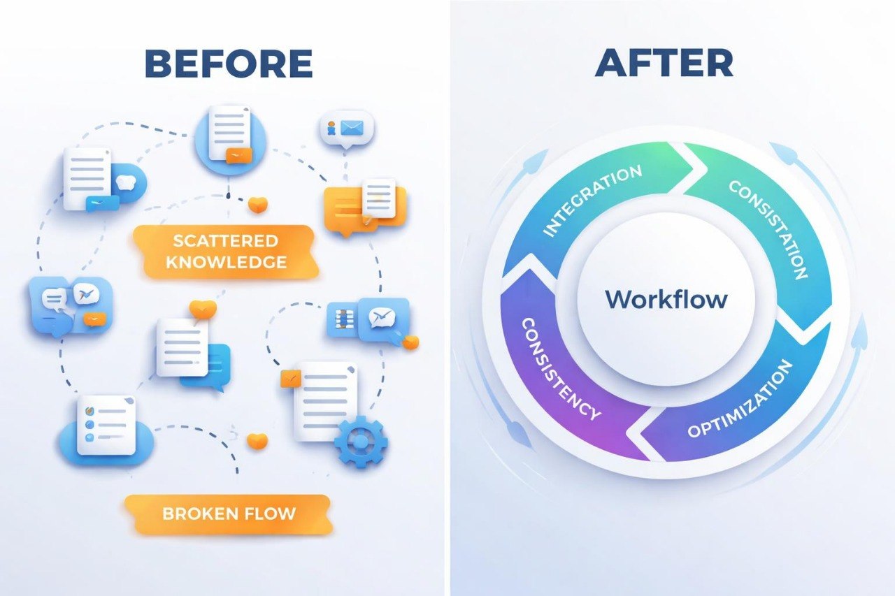 Before and after comparison of workflow improvement with icons and text labels.