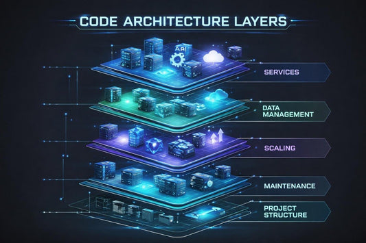 Diagram of code architecture layers with glowing elements on a dark background