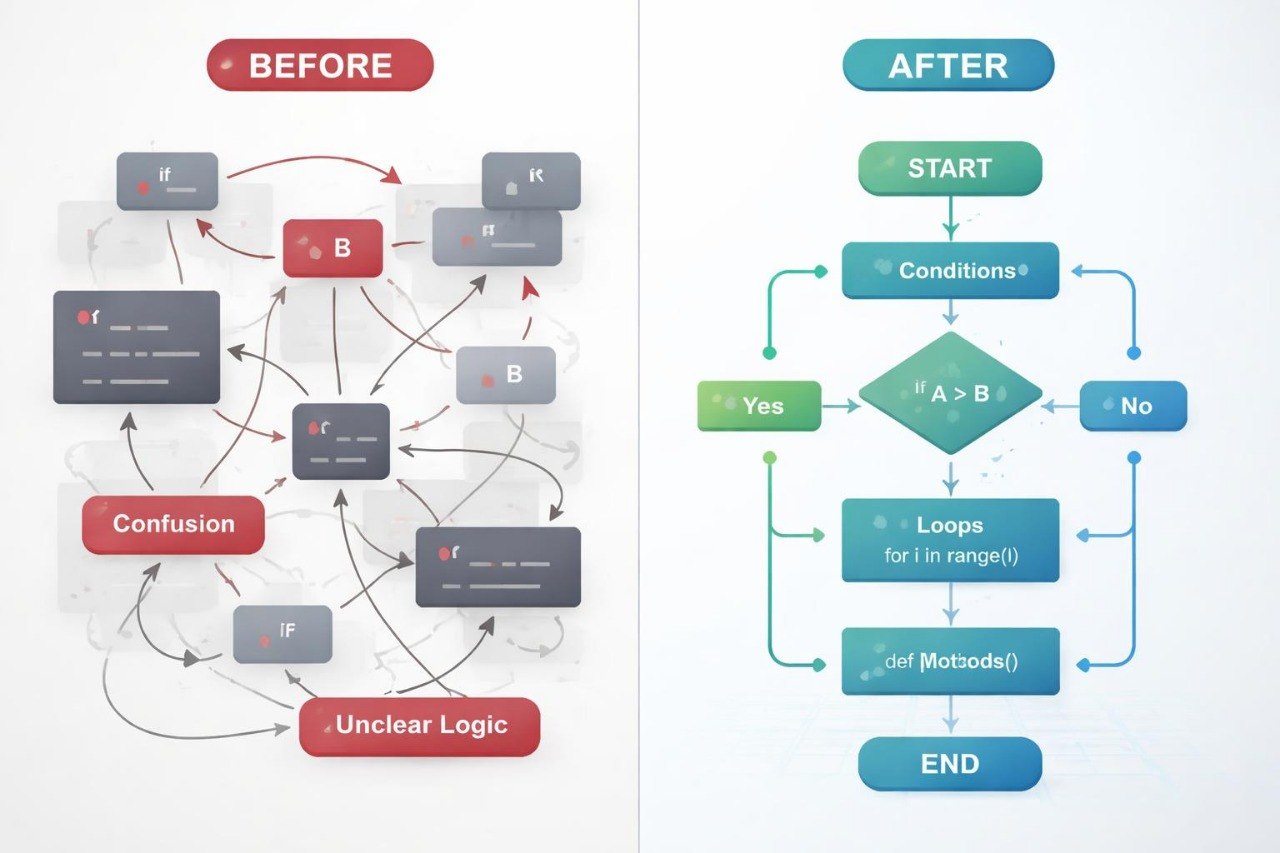 Comparison of a complex flowchart labeled 'Before' with a simplified flowchart labeled 'After' on a white background.