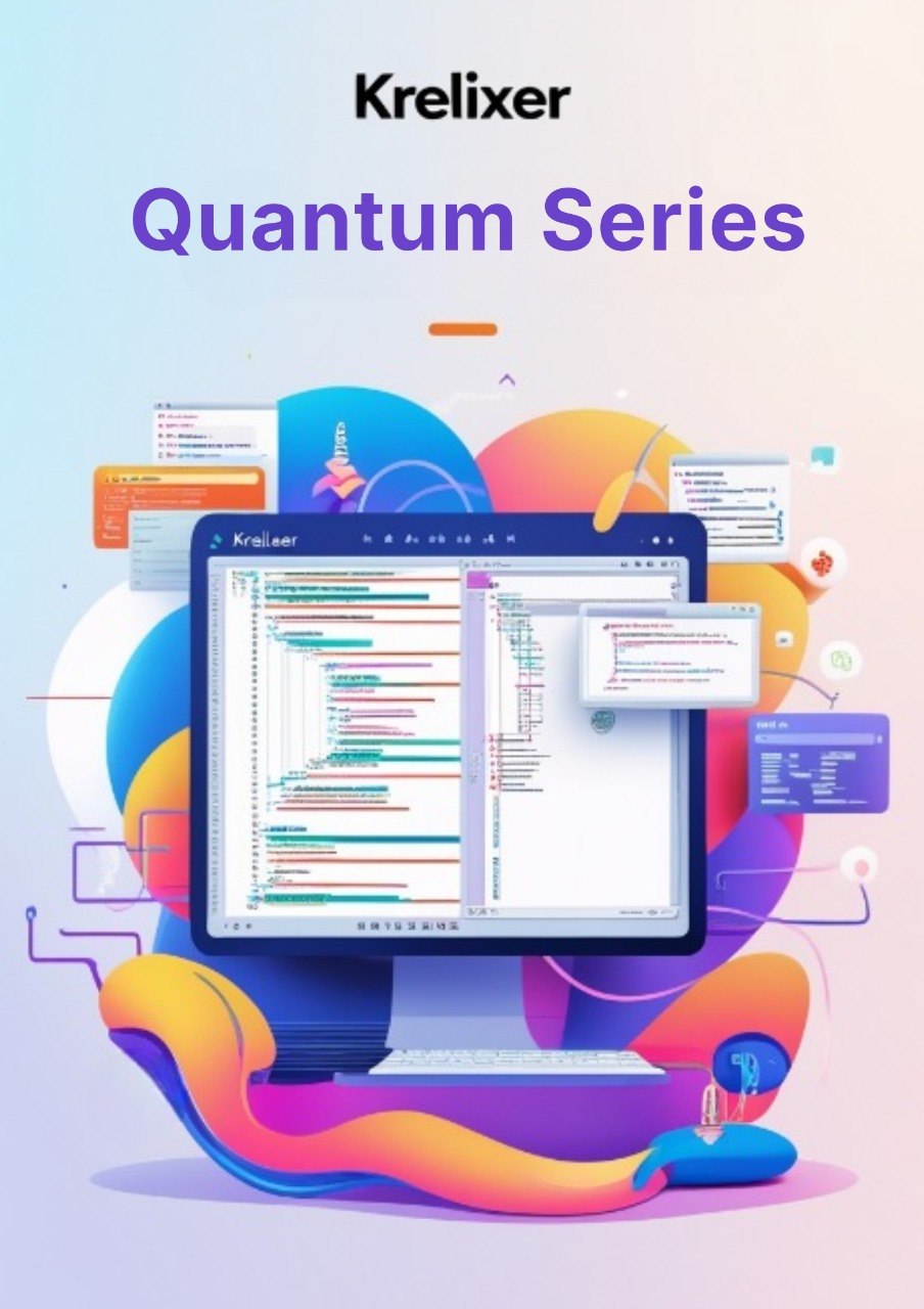 Computer monitor displaying code with colorful abstract design and 'Krelixer Quantum Series' branding.