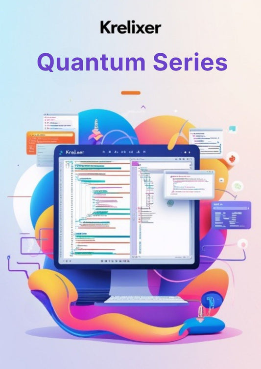 Computer monitor displaying code with colorful abstract design and 'Krelixer Quantum Series' branding.