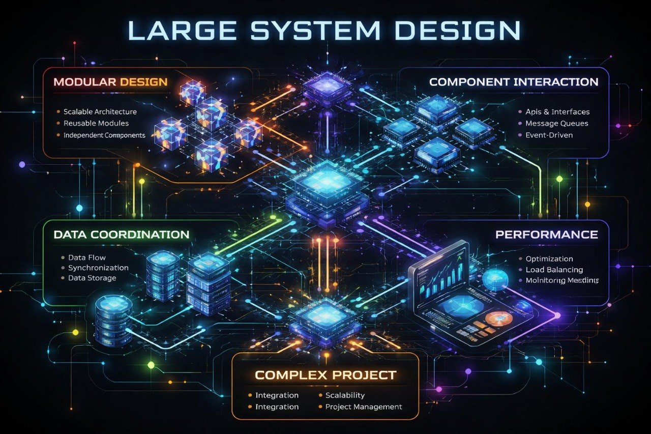 Diagram of large system design with modular components and interactions on a dark background.