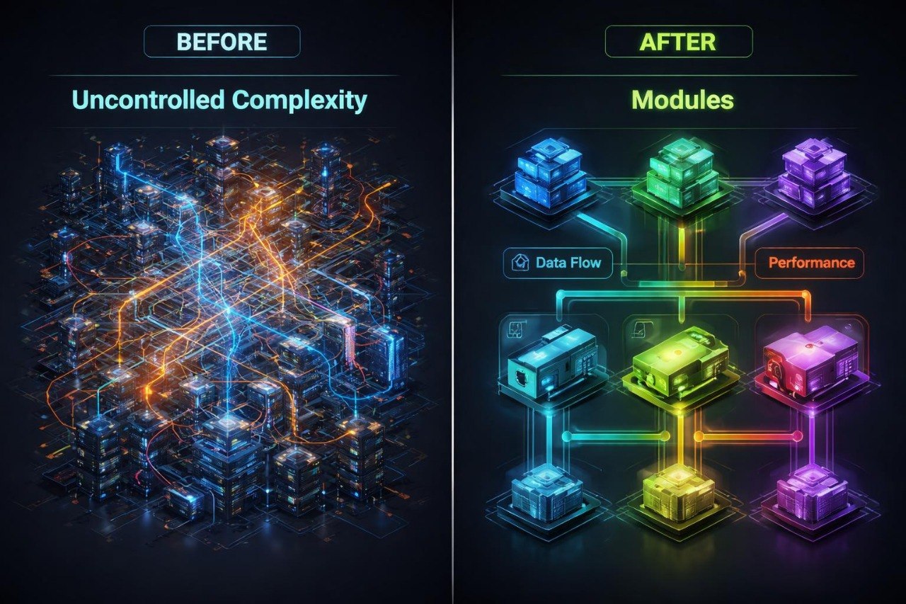 Comparison of uncontrolled complexity to modules with data flow and performance indicators on a dark background.