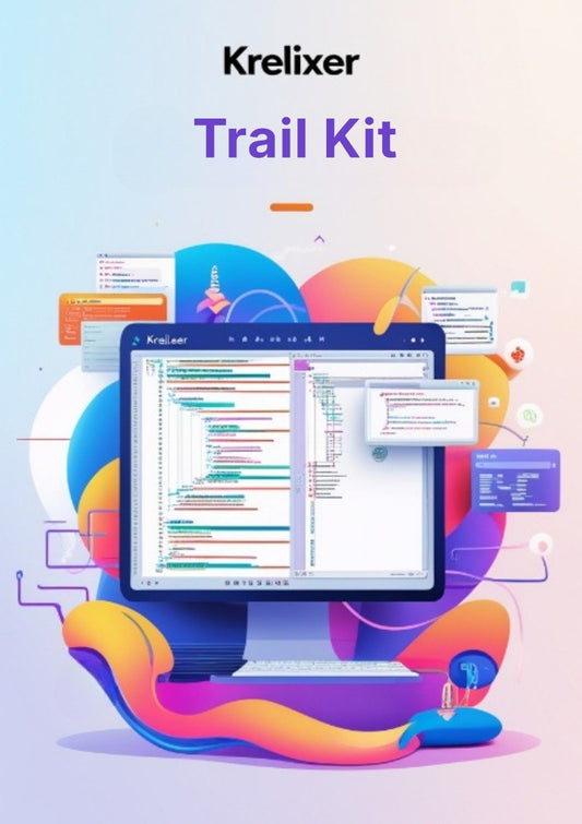 Krelixer Trail Kit with computer monitor and colorful abstract design on a light purple background