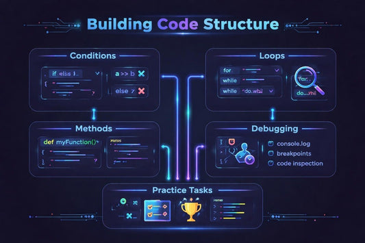 Diagram of code structure with conditions, loops, methods, debugging, and practice tasks on a dark background.