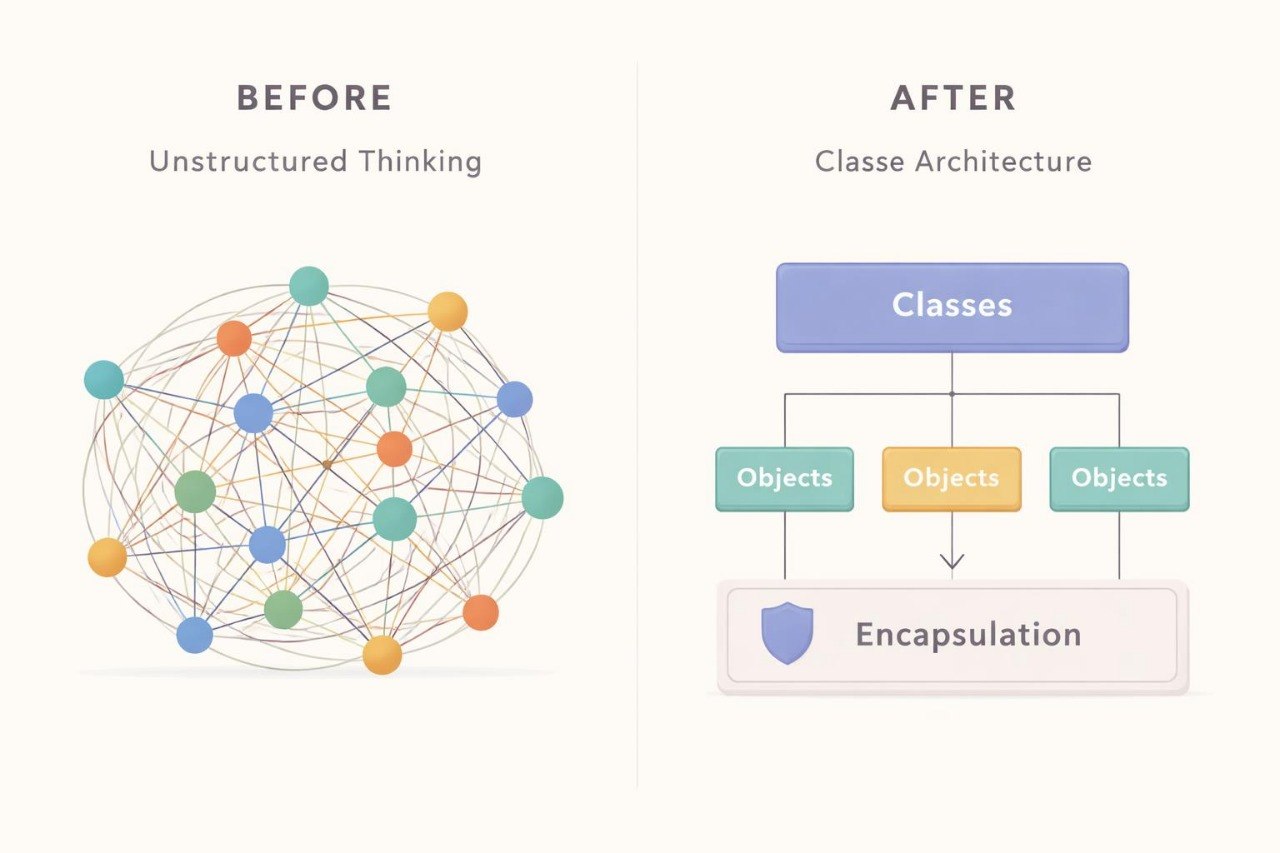 Comparison of unstructured thinking with class architecture diagram labeled 'Before' and 'After'.