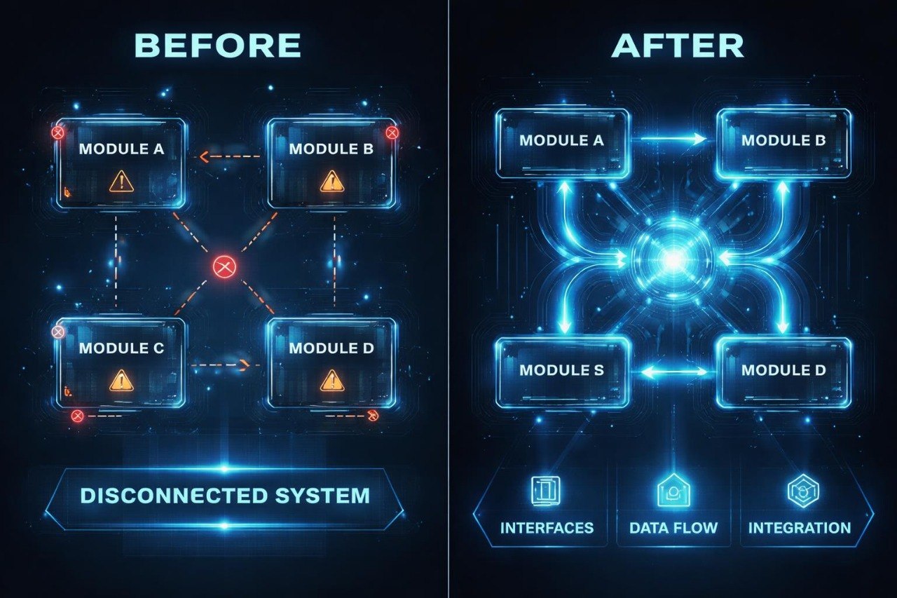 Before and after comparison of a disconnected system diagram to an integrated system diagram.