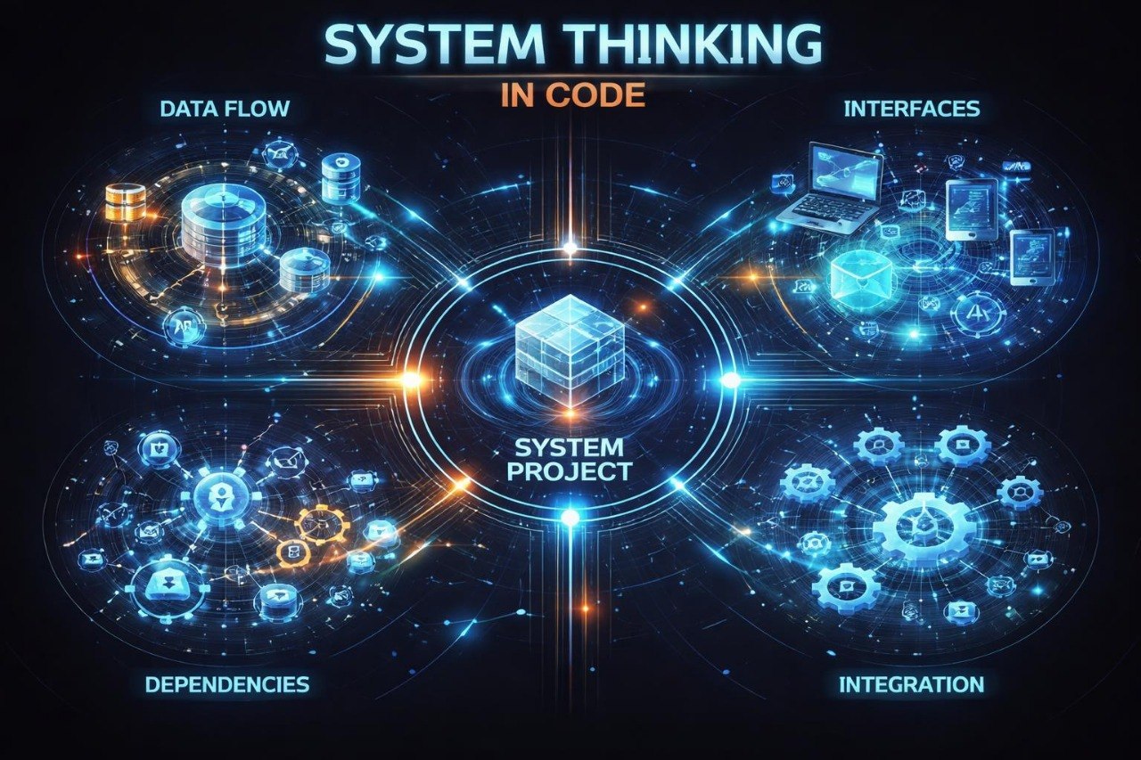 Diagram of system thinking with various components like data flow, interfaces, dependencies, and integration.