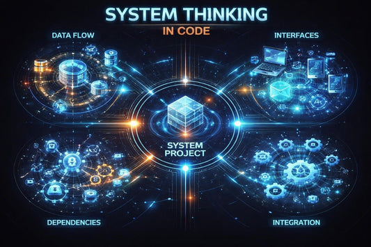 Diagram of system thinking with various components like data flow, interfaces, dependencies, and integration.